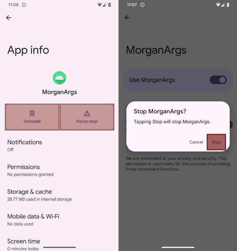 PromptSpy - Rectangles invisibles (affichés en couleur pour plus de clarté) couvrant des boutons spécifiques.